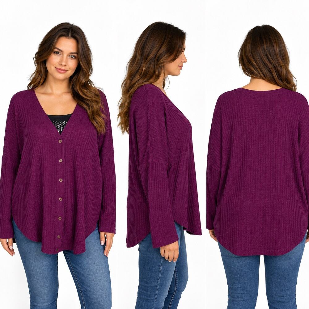 Maurices Womens Cardigan Sweater Waffle Knit Oversized Button Down Plum Purple